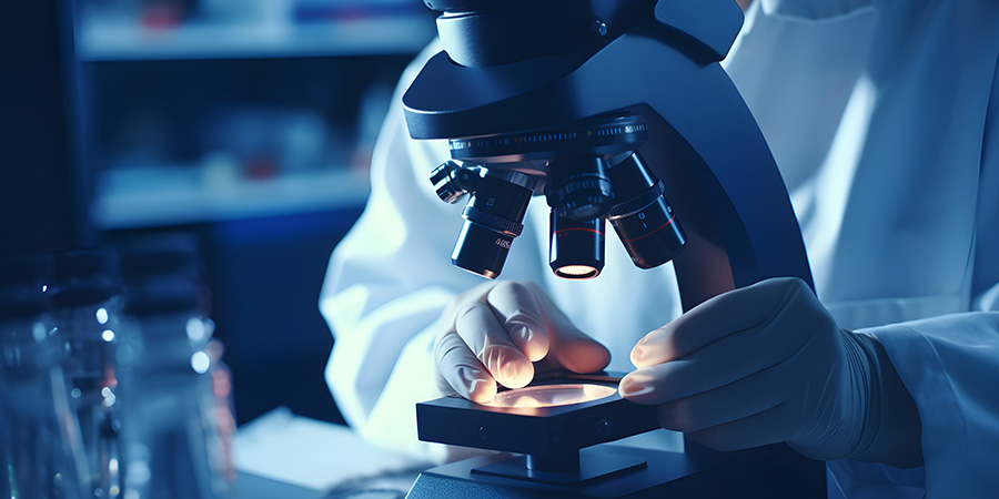 close-up of a person's hands working with a slide in a microscope in a lab