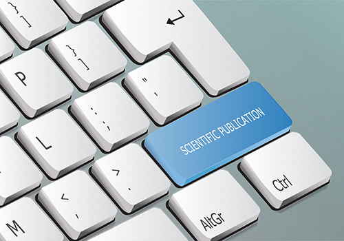 Keyboard with a highlighted blue key labeled “Scientific Publication.”